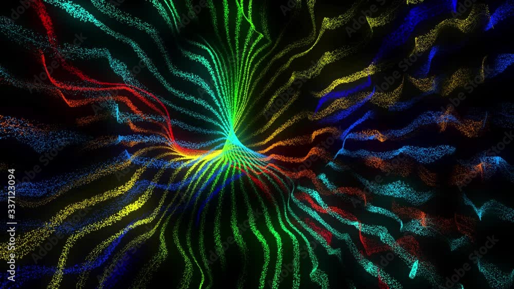 Poster colorful particles atomic waves abstract seamless loop animation, 3d render on black background.
