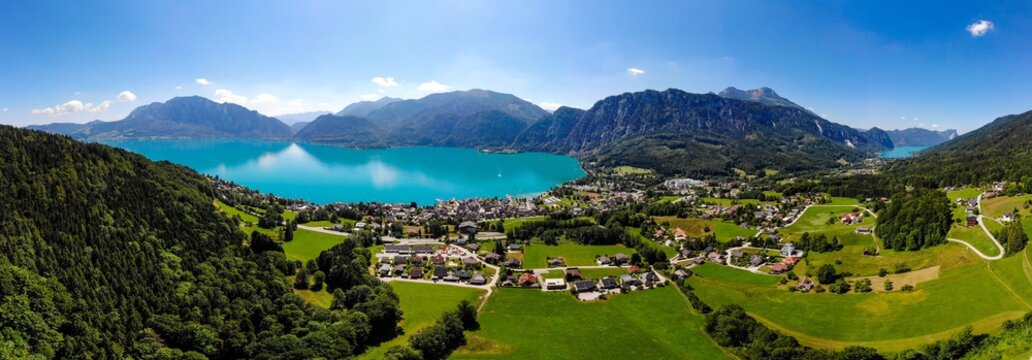 Beautiful amazing countryside view on Attersee lake im Salzkammergut, alps mountains in from  Unterach. Upper Austria, nearby Salzburg.
