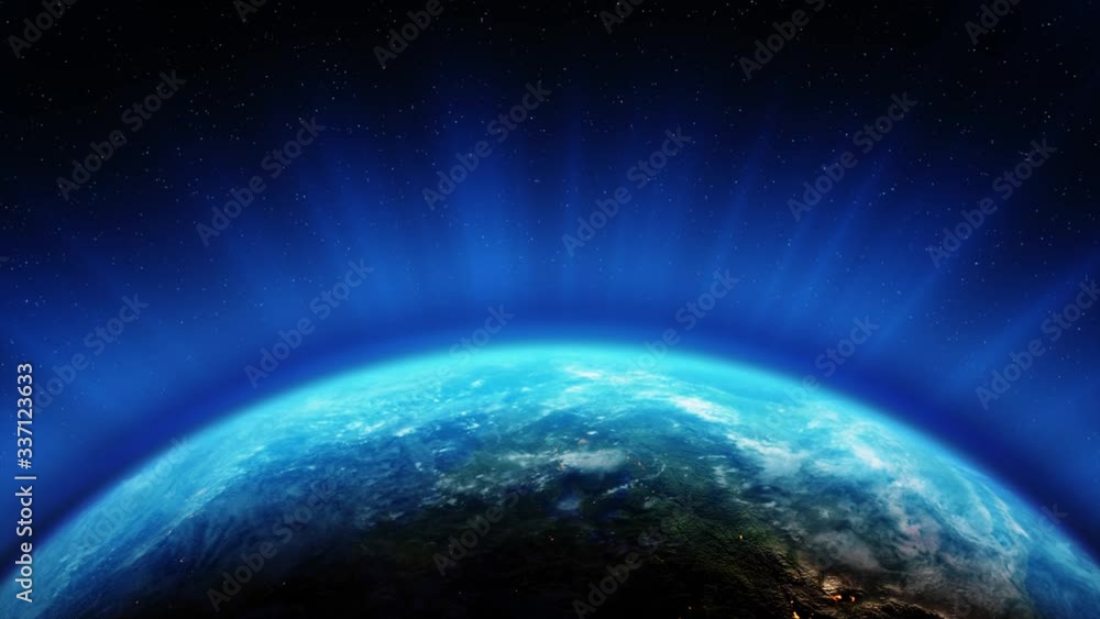 Poster close-up view of blue earth from space at night and day lights on planet loop animation. beautiful s