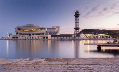 Barcelona, Spain. August, 2018: Looking at the World Trade Center Barcelona from the pier, to the...