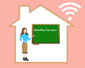 Teacher give education from home. Online home education. Vector, banner, eps.