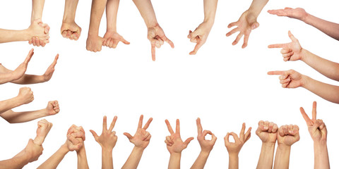 Set of man hand gesturing isolated on white background