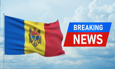 Breaking news. World news with backgorund waving national flag of Moldova. 3D illustration.