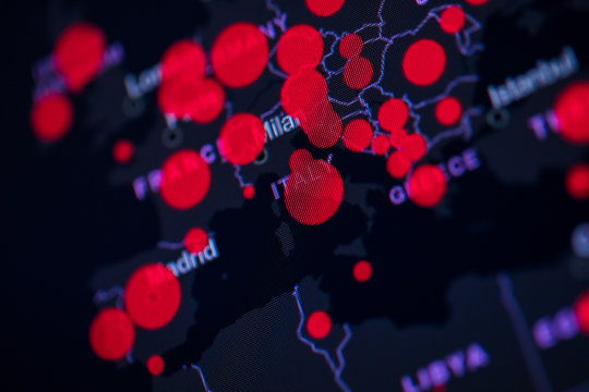 Photo World map of Coronavirus. Close-up countries with Covid-19. Covid 19 map confirmed cases report worldwide globally. Coronavirus disease 2019 situation update worldwide coronavirus spread