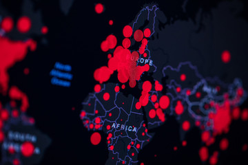 Photo World map of Coronavirus. Close-up countries with Covid-19. Covid 19 map confirmed cases report worldwide globally. Coronavirus disease 2019 situation update worldwide coronavirus spread