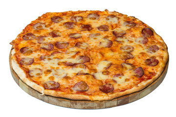 finished whole round pizza with sausage and cheese on a wooden tray