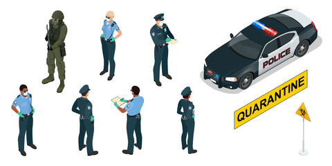 Isometric police officers in medical masks and gloves. Quarantine Control. Coronavirus Prevention. Police characters and police car. © Golden Sikorka