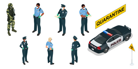 Obraz na płótnie Canvas Isometric police officers in medical masks and gloves. Quarantine Control. Coronavirus Prevention. Police characters and police car.