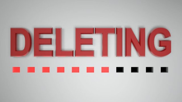 The write DELETING on white background, with red dotted progression bar - 3D rendering video clip