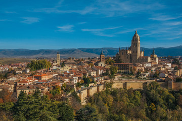 Fototapeta na wymiar View of the Cathedral of Santa Maria from the city of Segovia, Spain