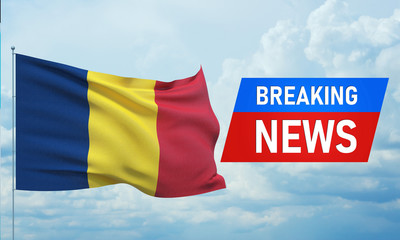 Breaking news. World news with backgorund waving national flag of Chad. 3D illustration.