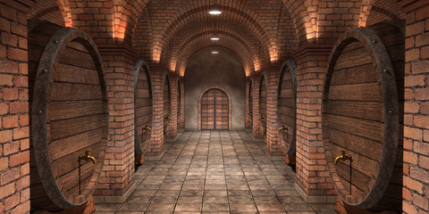 Background of wine barrels in wine-vaults. Mixed media. Interior of wine vault with wooden barrels. -3d rendering. - Illustration.