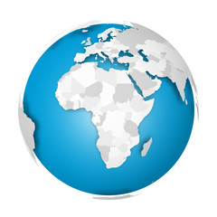 Earth globe. 3D world map with grey political map of countries dropping shadows on blue seas and oceans. Vector illustration