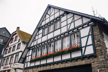 Half-timbered houses along the Ruhr river in Monschau, Eifel