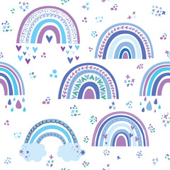 Seamless vector pattern with cute rainbows and hearts