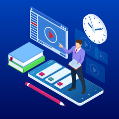 Isometric concept for Digital Reading, E-classroom Textbook, Modern Education, E-learning, Online Training and Course, Audio Tutorial, Distance Education, Ebook and Student