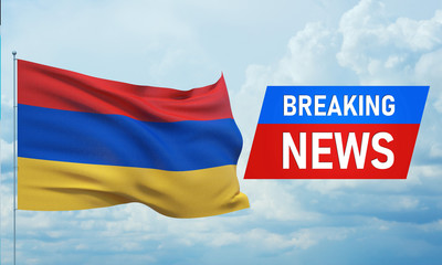 Breaking news. World news with backgorund waving national flag of Armenia. 3D illustration.