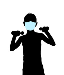 Fototapeta na wymiar Silhouette boy goes in for sports. Boy with dumbbells in a medical mask. Vector illustration