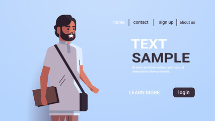 indian student with mustache and beard holding book smiling male cartoon character portrait horizontal copy space vector illustration