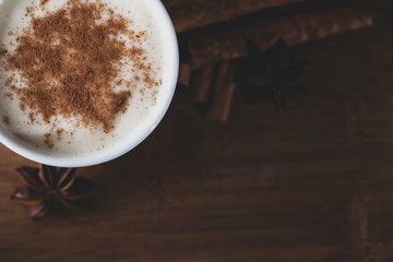 Presentation of sahlep decorated with cinnamon