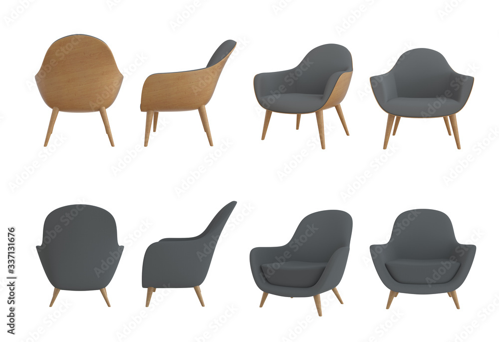 Poster 3d rendering big set of an isolated grey(black) modern chairs from different sides on light white ba