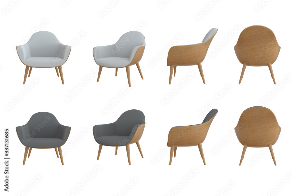 Poster 3d rendering big set of an isolated black (grey) and white modern chairs from different sides on lig
