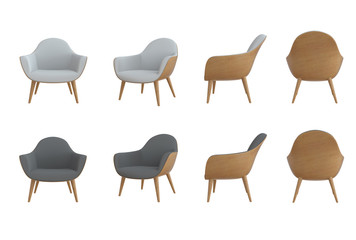 3d rendering big set of an isolated black (grey) and white modern chairs from different sides on  light white background. 3d rendering. 3d mock up for your design.