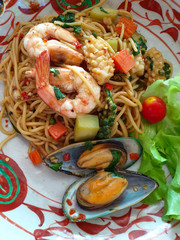 Spaghetti Spicy with Seafood, Thai food.