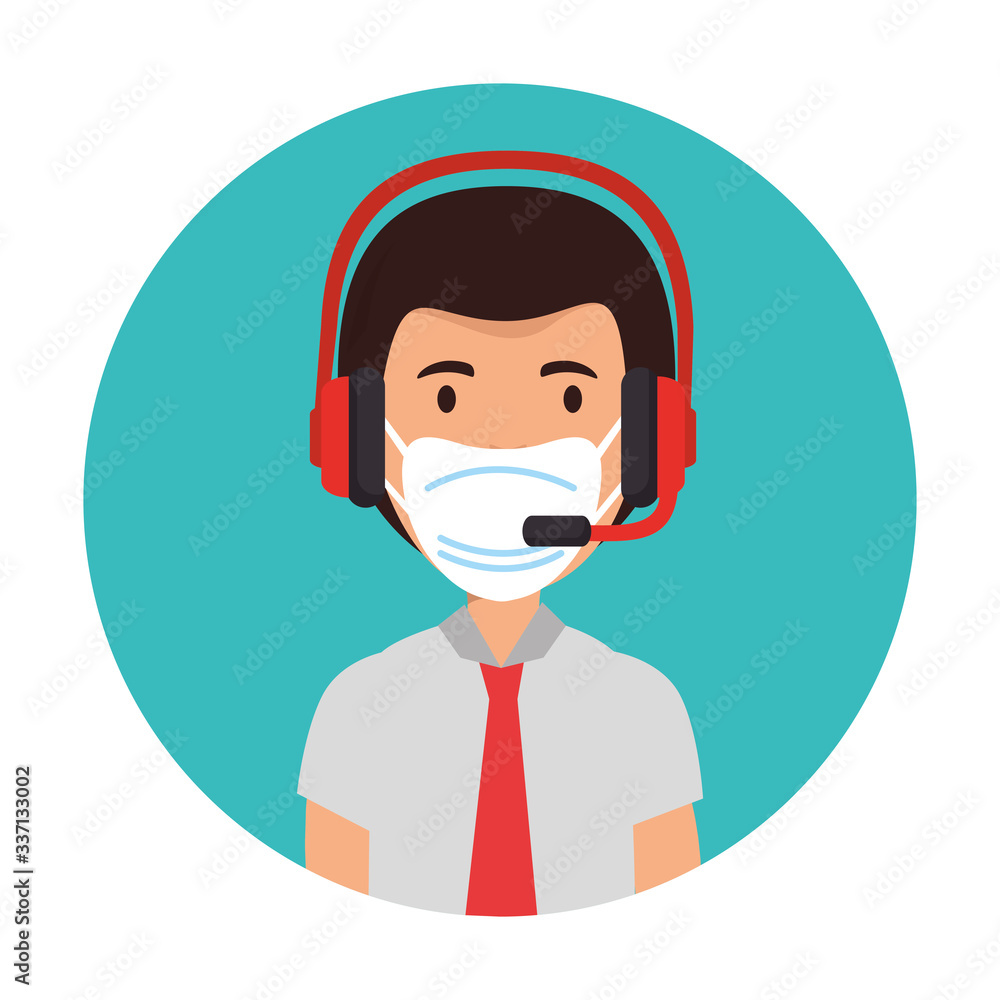 Poster man agent call center with face mask vector illustration design