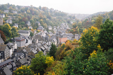 cloudy autumn panorama of the old city. Monschau, Germany.