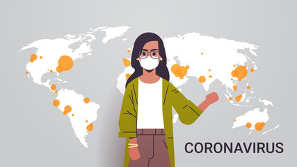 woman tv reporter in face mask showing world map outbreak of coronavirus pandemic spread infection epidemic MERS-CoV countries with Covid-19 horizontal portrait vector illustration