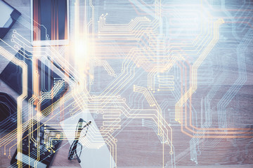 Double exposure of map sketch and table top veiw. Concept of international data.
