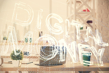 Double exposure of crypto technology theme drawing and office interior background. Concept of...