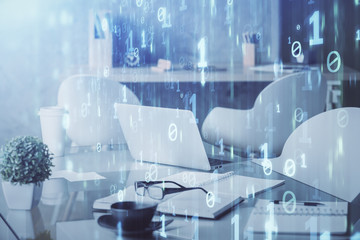 Double exposure of data theme drawing and office interior background. Concept of technology.