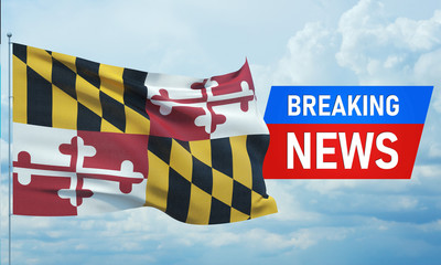 Breaking news. World news with background waving flag of the states of USA. State of Maryland flag. Pandemic 3D illustration.