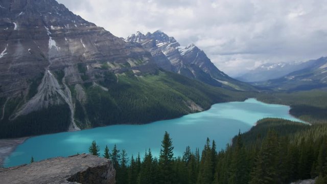 Static shot of Peyto Lake with vibrent blue colour and foreground rock in focus