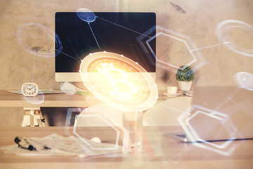 Double exposure of crypto technology theme drawing and office interior background. Concept of blockchain.