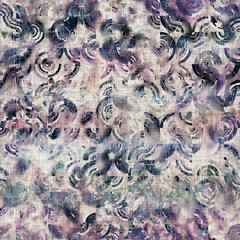 Seamless mixed media collage design in old aged worn look. Concentric circle geo design overlaid, mottled, and distressed on fabric texture. Seamless repeat raster jpg pattern swatch.