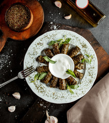 azerbaijani long wrapped grape leaves dolma garnished with yogurt and dried mint leaves