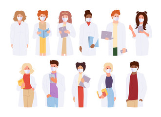 Coronavirus Covid 19, doctors in a white coat and medical mask. Flat cartoon style. International facemask scientists. Paramedics are protected from the virus, flu. Stop pandemic. Vector illustration