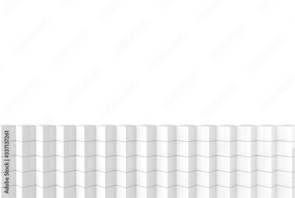 Poster 3d rendering. abstract modern art pattern white cube boxes stack on white wall background.
