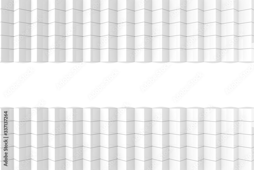 Poster 3d rendering. abstract modern art pattern white cube boxes stack wall background.