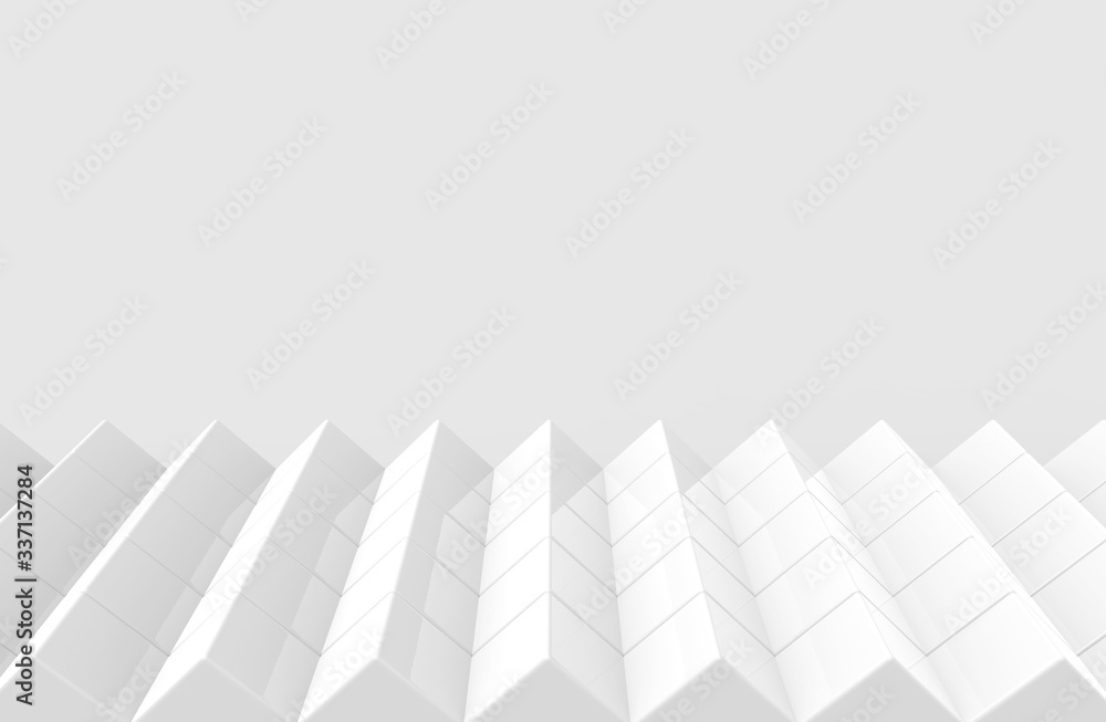 Poster 3d rendering. abstract modern art pattern white cube boxes stack wall background.