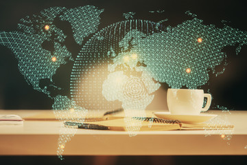 Double exposure of business theme drawing and desktop with coffee and items on table background....