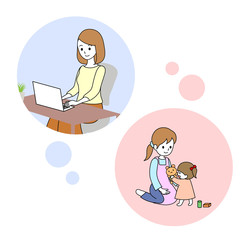 テレワークをしている女性と子どもの面倒を見る女性　イラスト