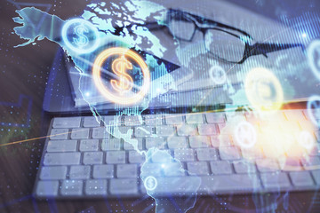 Double exposure of forex chart drawing and cell phone background. Concept of financial trading