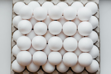 Tray of white fresh eggs close-up on a cardboard form. Agricultural industry