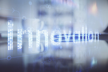 Double exposure of Ai data theme drawing over coffee cup background in office.