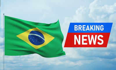Breaking news. World news with backgorund waving national flag of Brazil. 3D illustration.