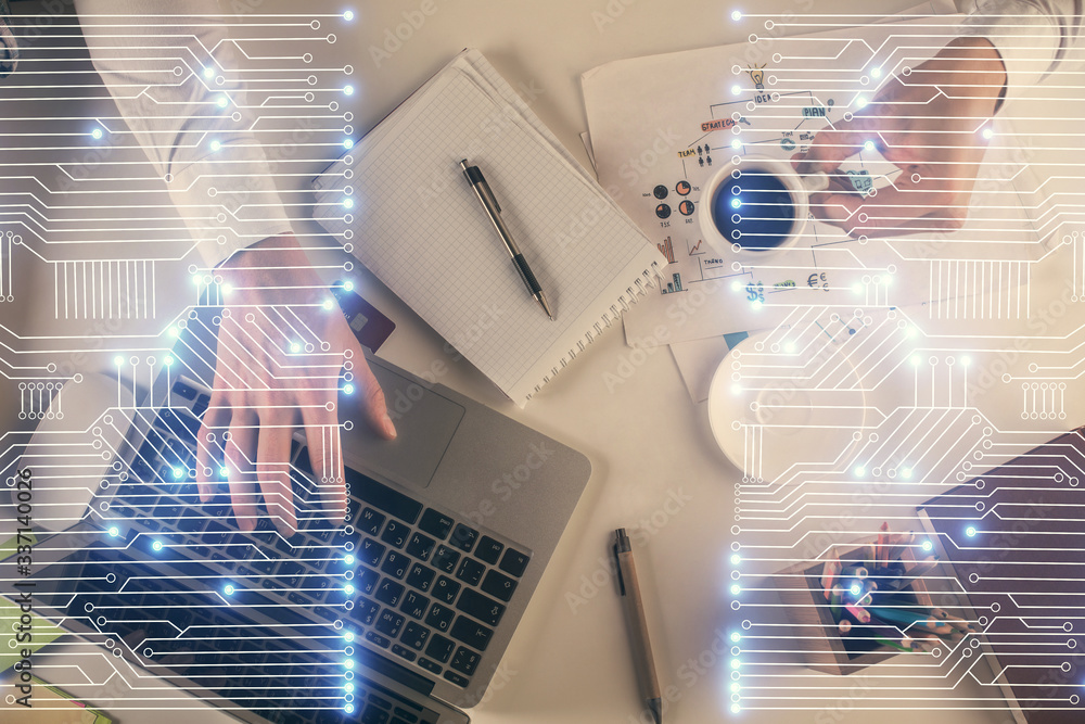 Aufkleber Double exposure of man's hands typing over computer keyboard and tech theme hologram drawing. Top view. Technology concept.